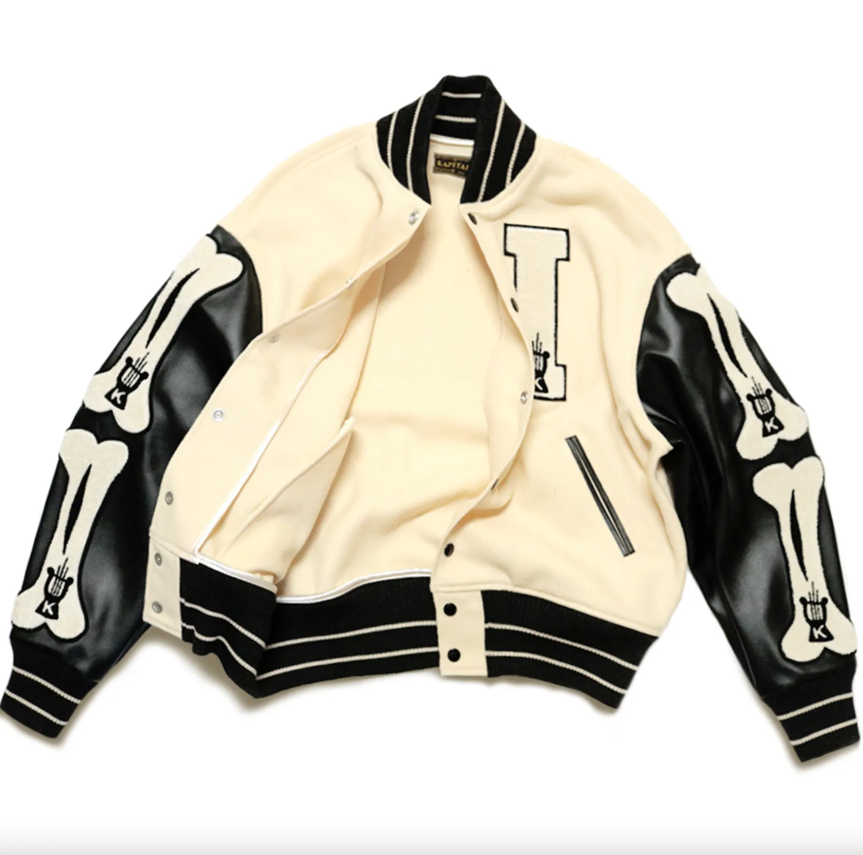 Creamy white faux leather and wool-blend varsity jacket