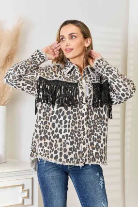 Double Take Fringed Denim Jacket, Leopard Collar.