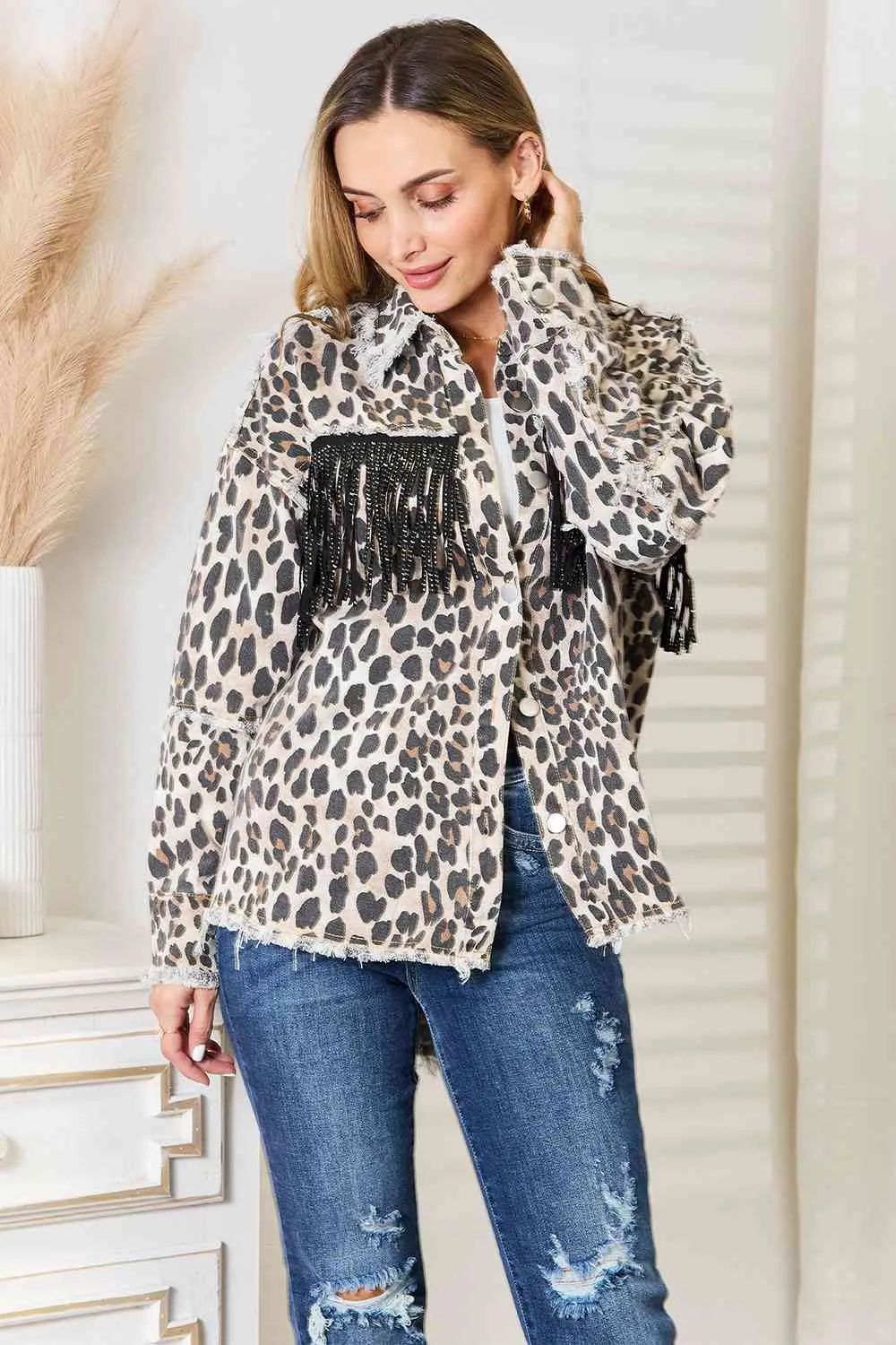 Double Take Fringed Denim Jacket, Leopard Collar.