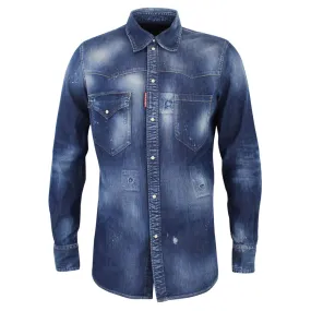 DSQUARED2 Rip Repair Distressed Denim Shirt Blue