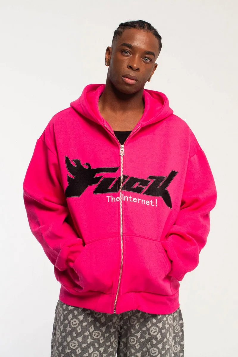 Embroidered Logo Zip-Up Hoodie Pink