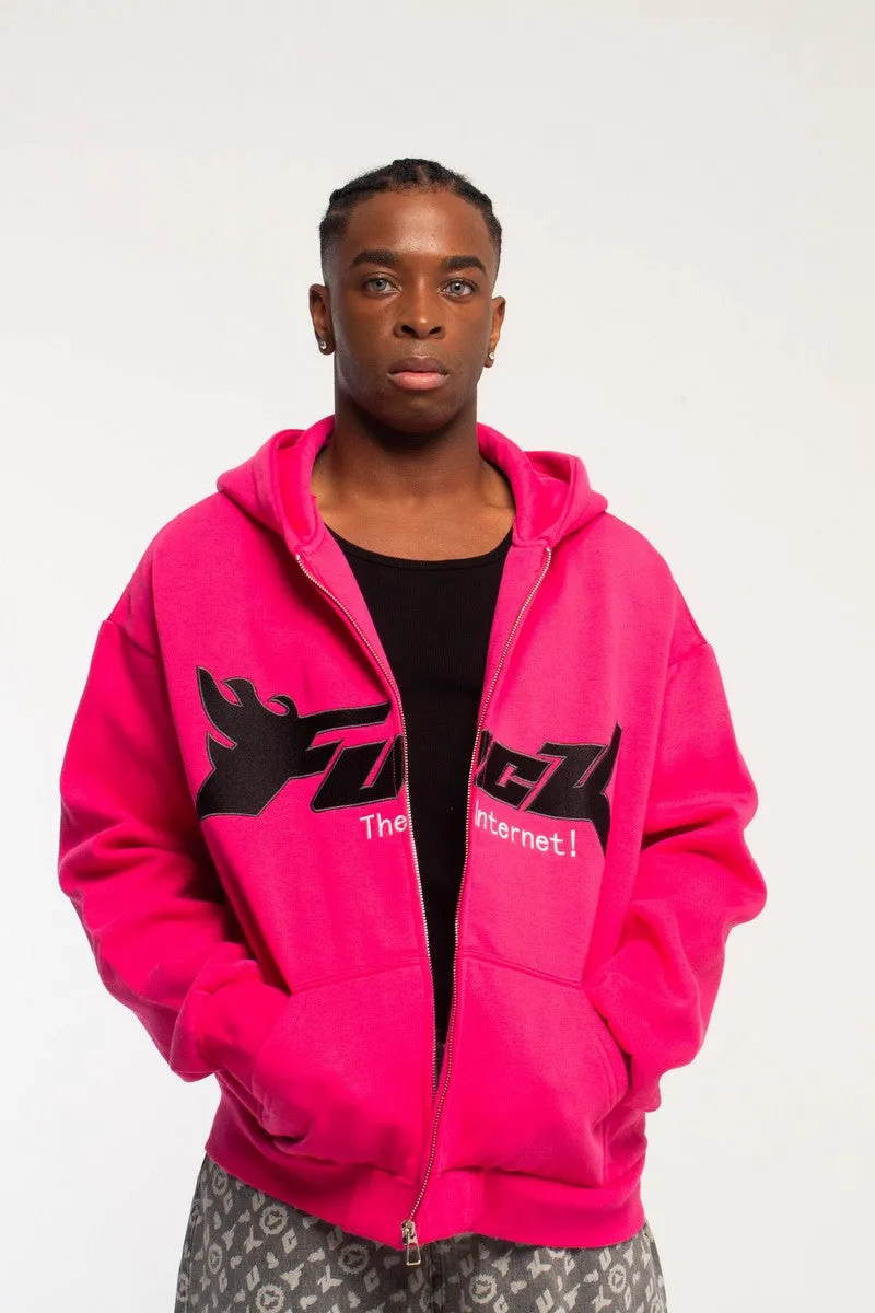 Embroidered Logo Zip-Up Hoodie Pink