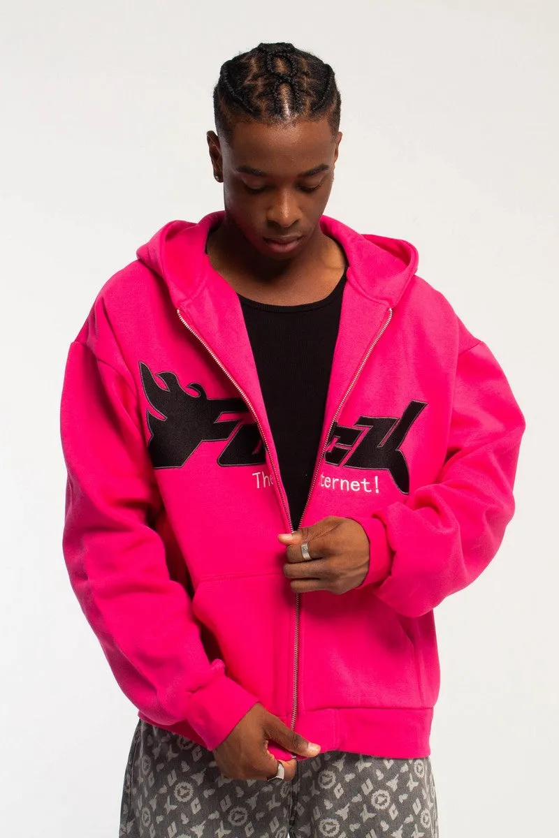 Embroidered Logo Zip-Up Hoodie Pink