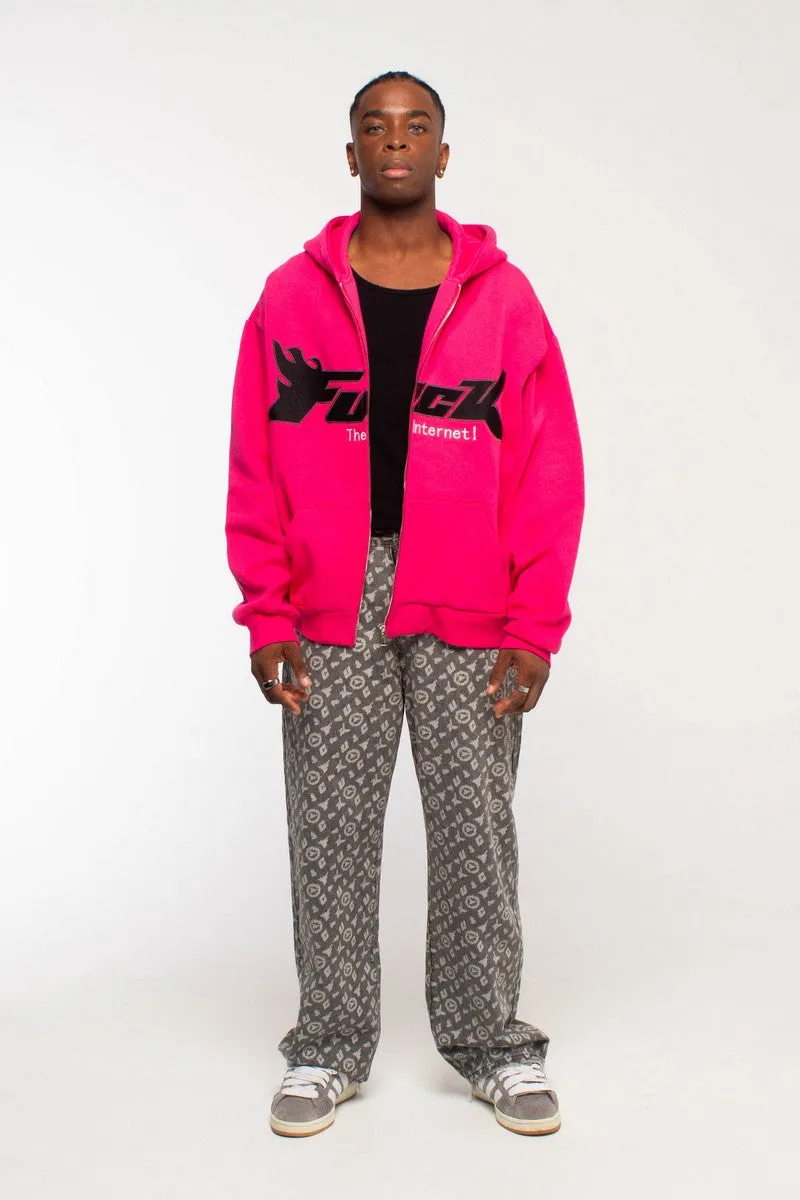 Embroidered Logo Zip-Up Hoodie Pink