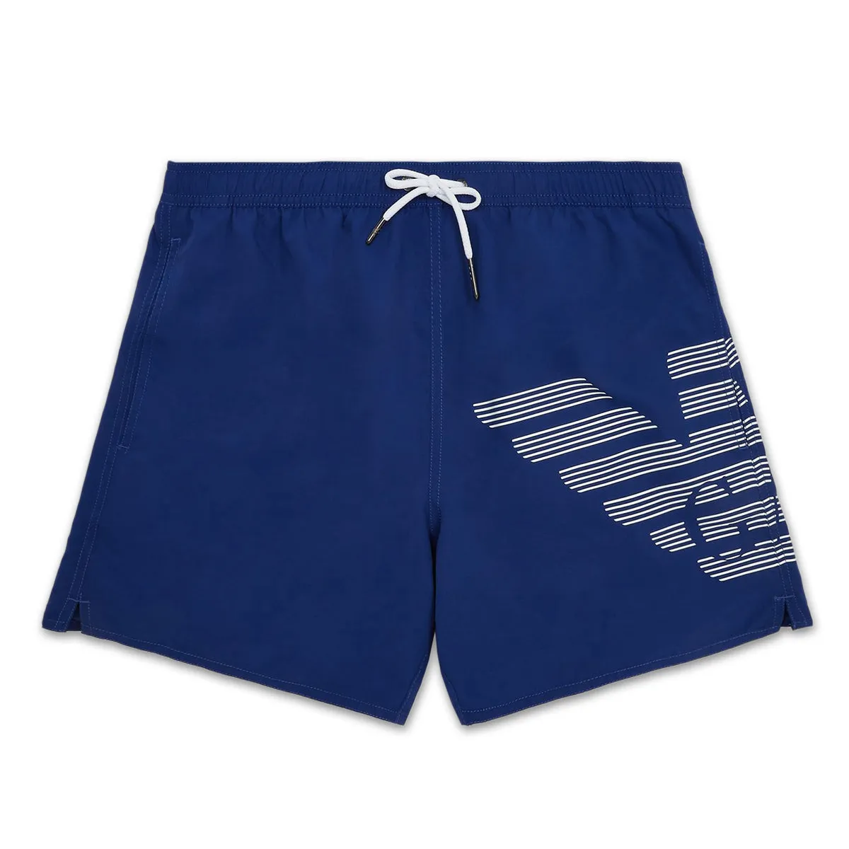 Emporio Armani blue swim shorts with standout eagle design.