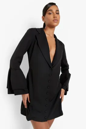 Flared Sleeve Button Front Blazer Dress