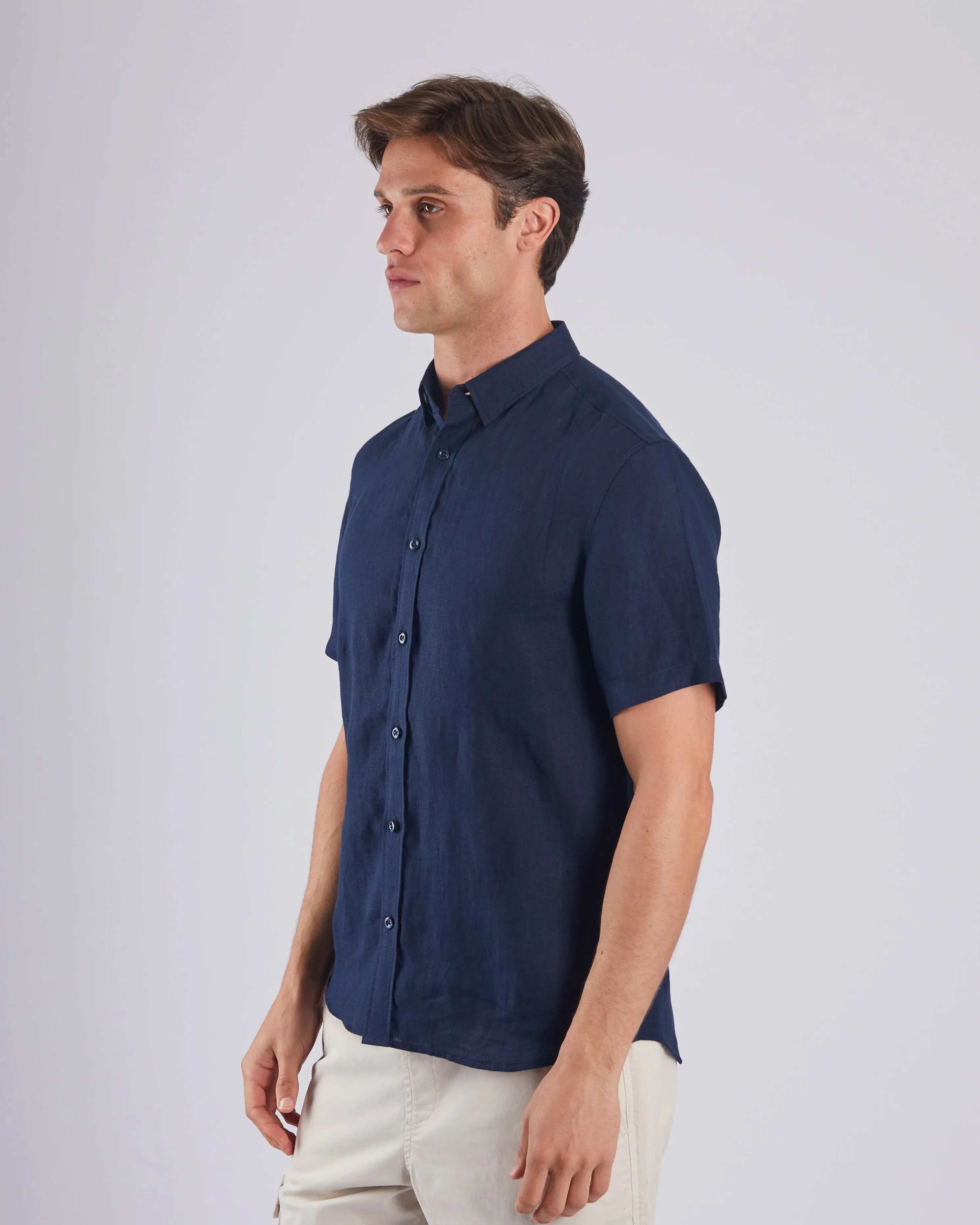 Leslie SS Navy Blue Linen Shirt