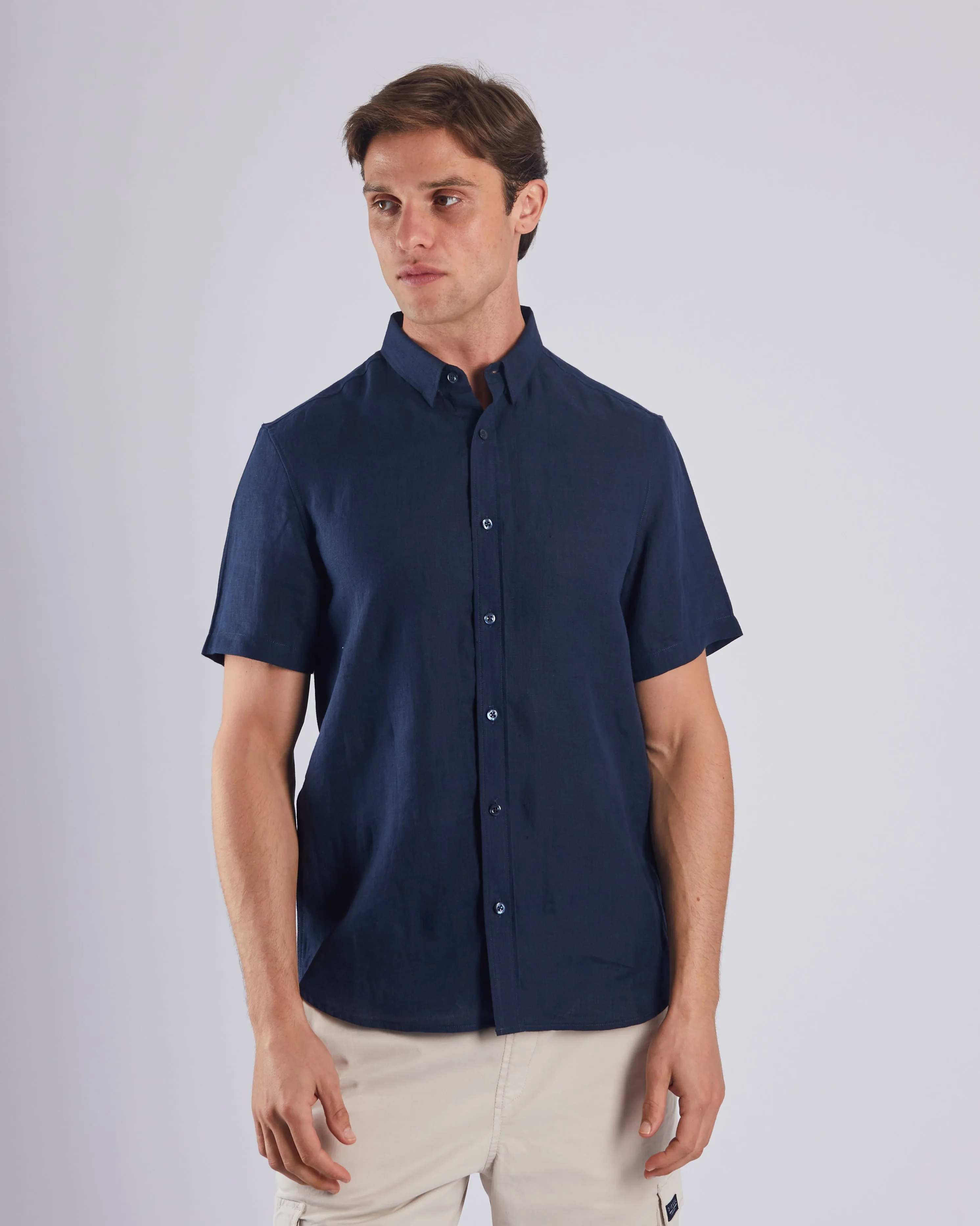 Leslie SS Navy Blue Linen Shirt