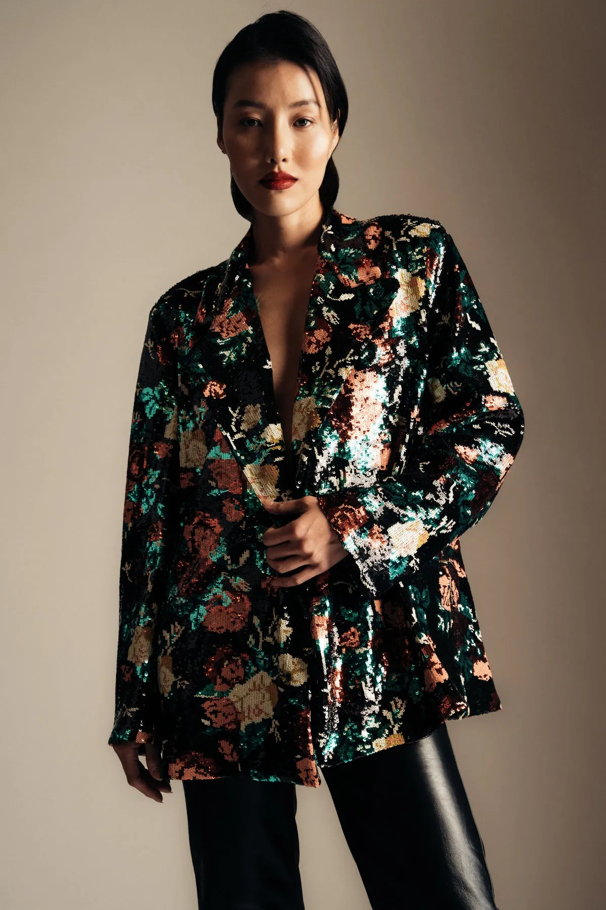 LIBERTINE | ‘EMMA BLACK SEQUIN FLORAL’ DOUBLE BREASTED BLAZER