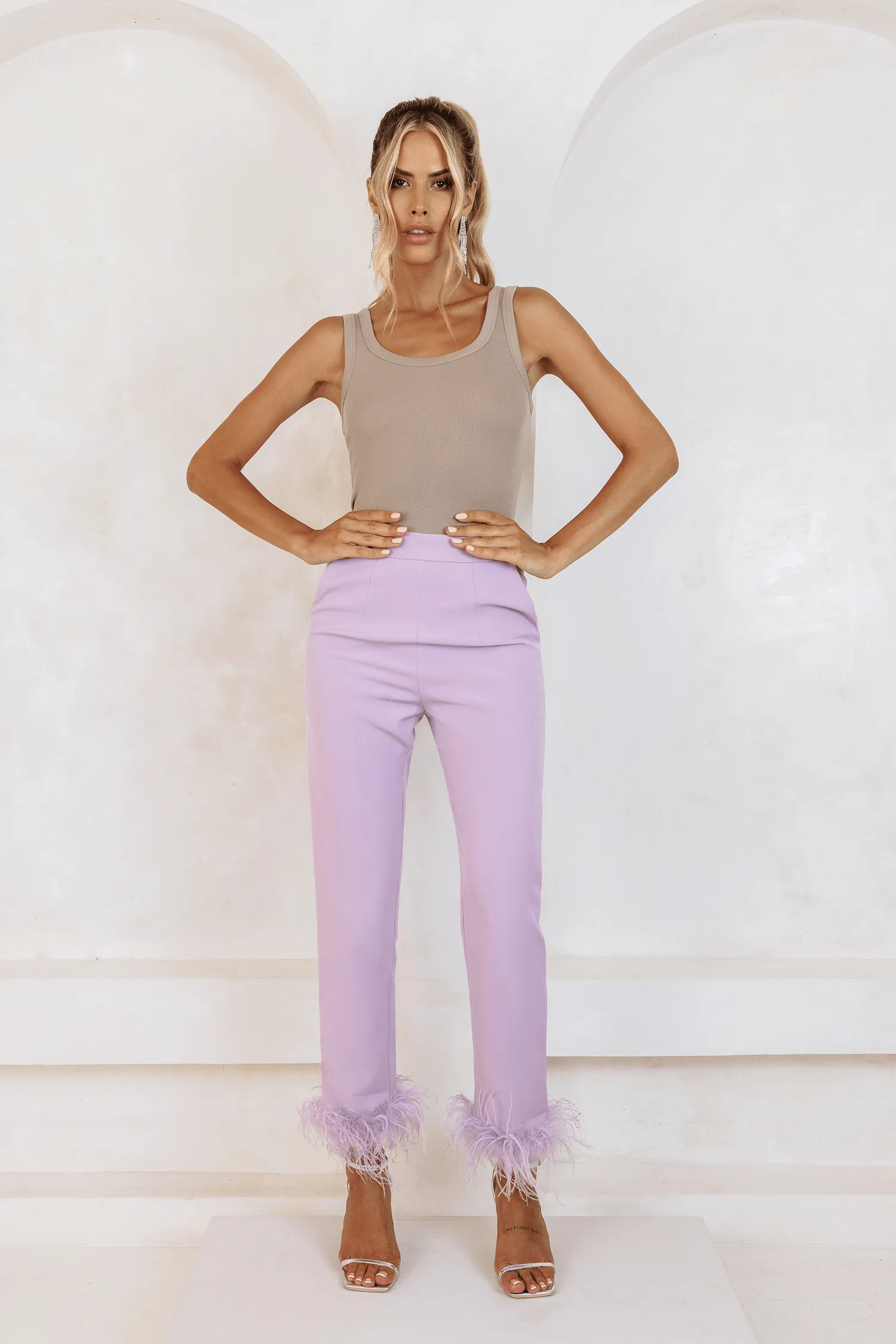 Lilac Feather Trim Trousers for Sale.