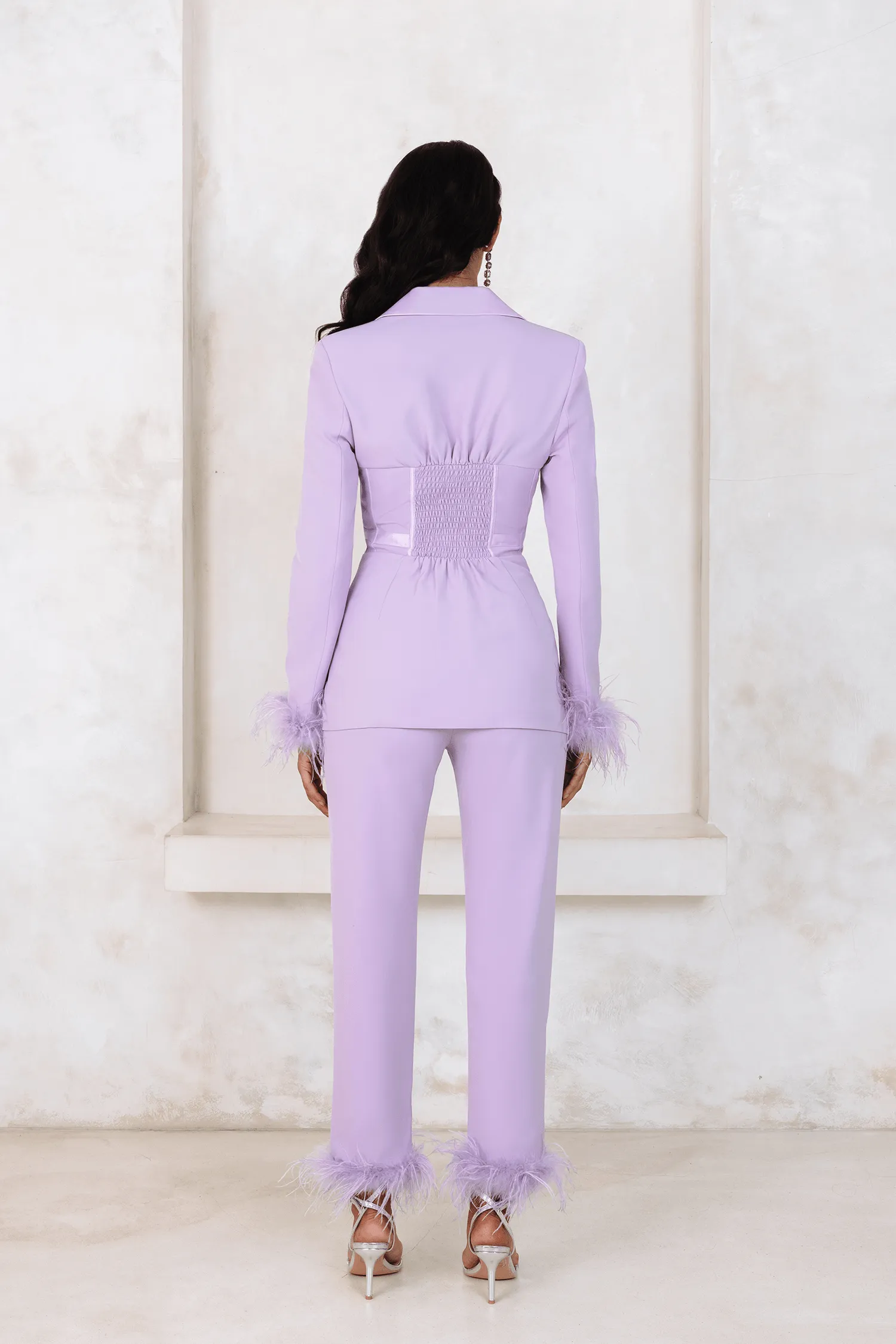 Lilac Feather Trim Trousers for Sale.