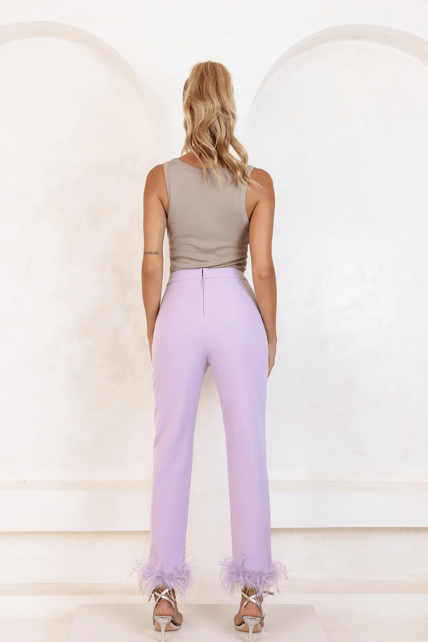 Lilac Feather Trim Trousers for Sale.