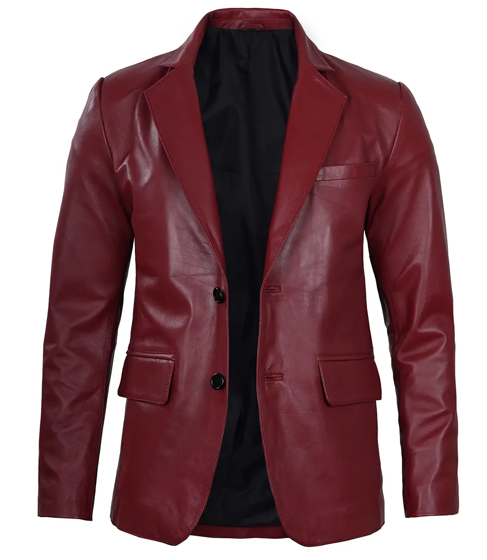 Men's Maroon Real Leather Blazer - Formal Jacket