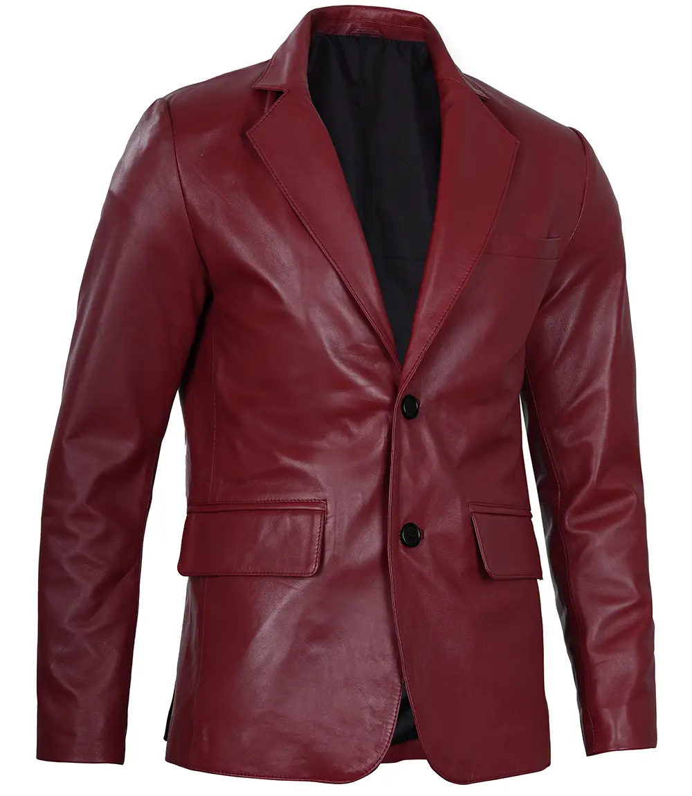 Men's Maroon Real Leather Blazer - Formal Jacket