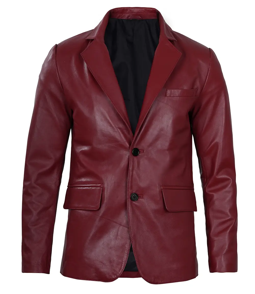 Men's Maroon Real Leather Blazer - Formal Jacket