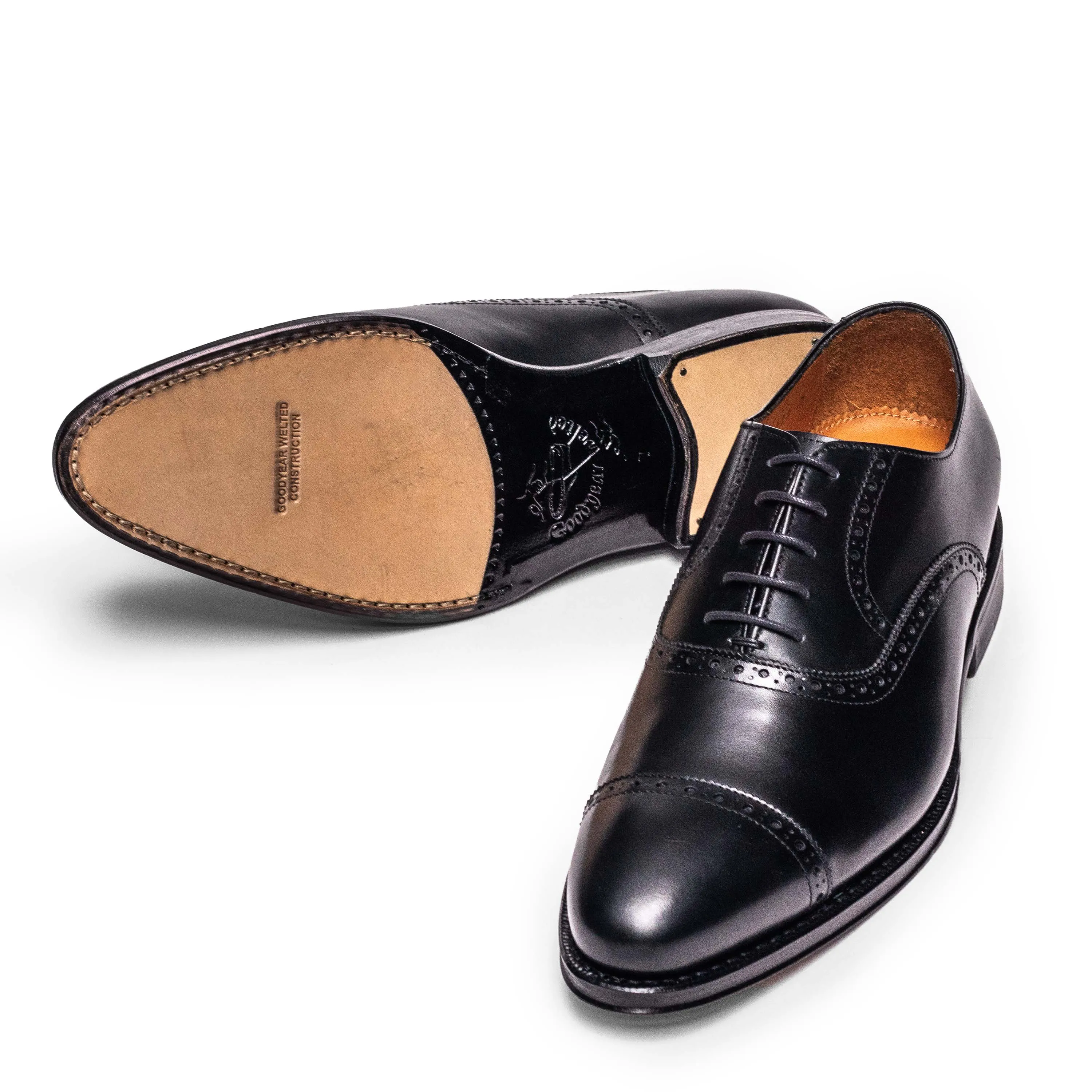 Men's Black Calf Quarter Brogue Oxford Shoes - Style 98409