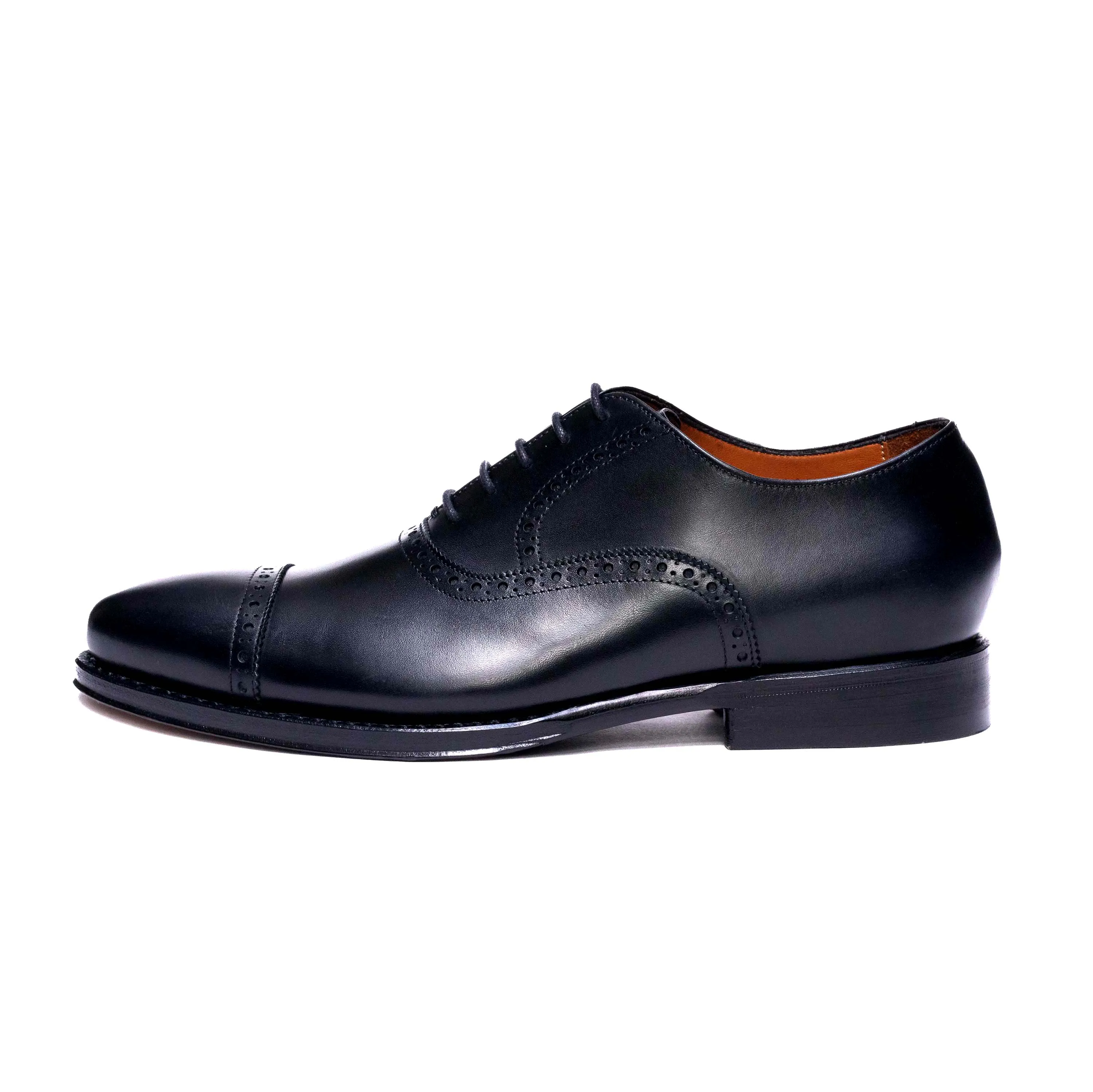 Men's Black Calf Quarter Brogue Oxford Shoes - Style 98409