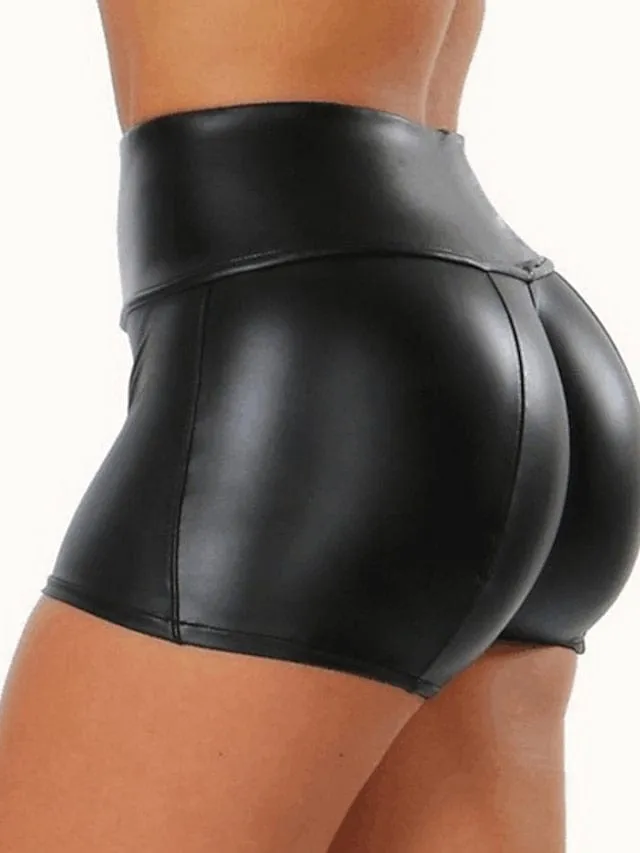 Mid Waist Faux Leather Women's Hot Pants