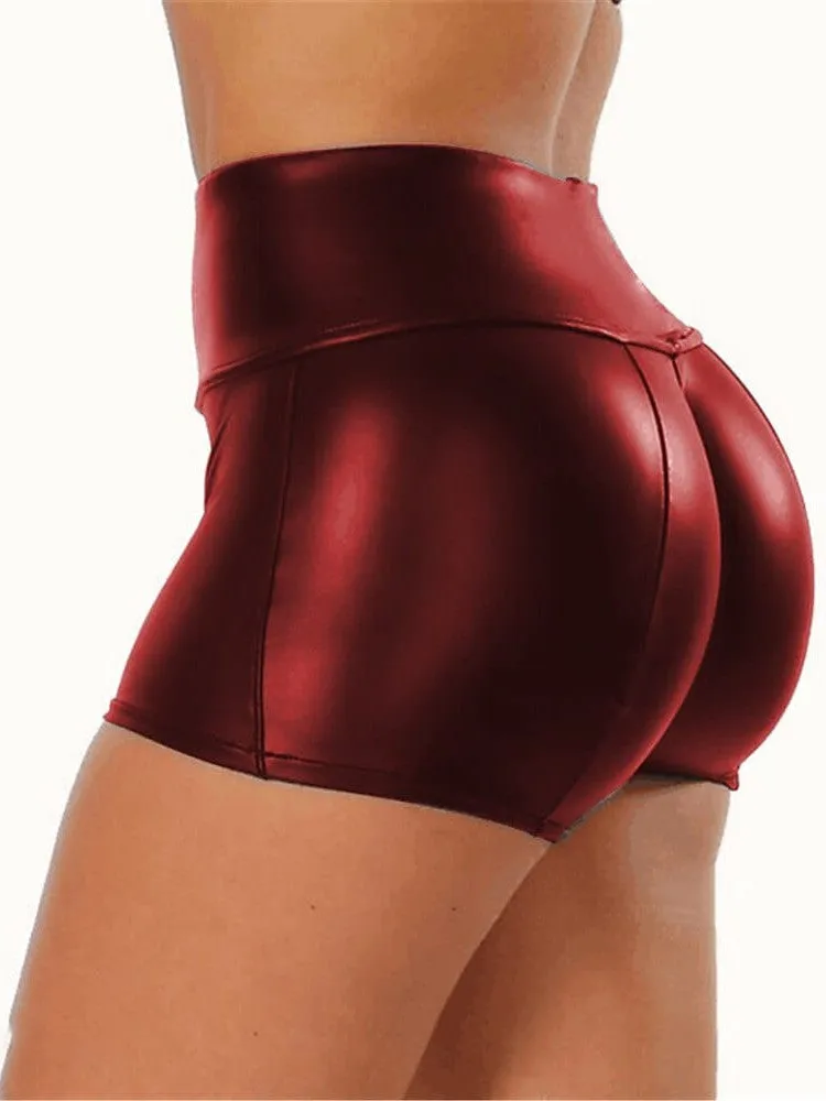 Mid Waist Faux Leather Women's Hot Pants