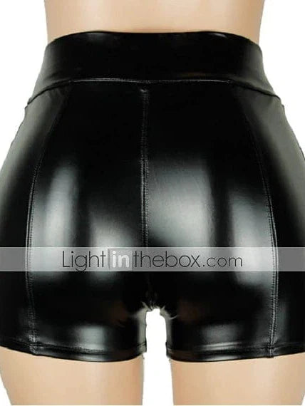 Mid Waist Faux Leather Women's Hot Pants