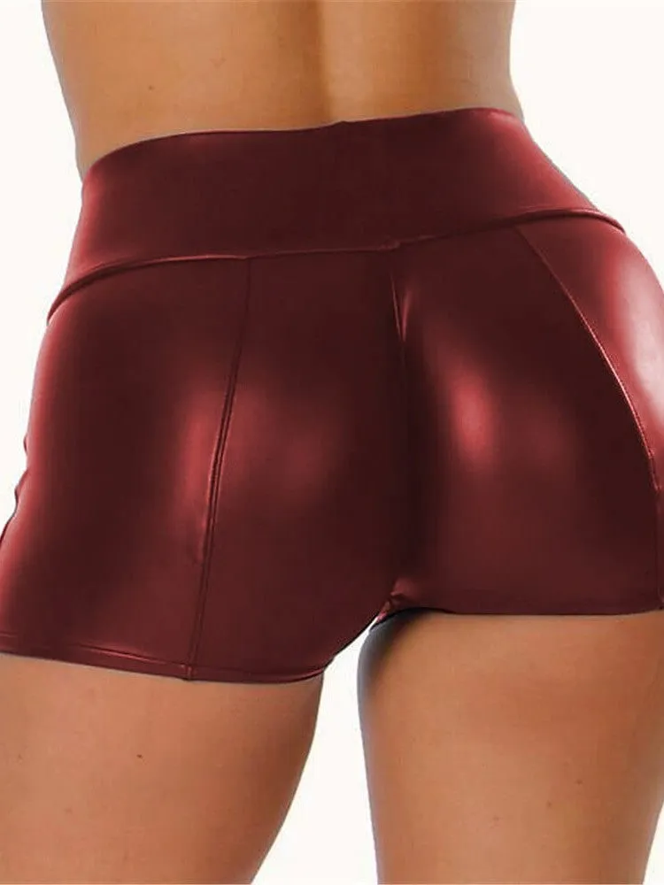 Mid Waist Faux Leather Women's Hot Pants