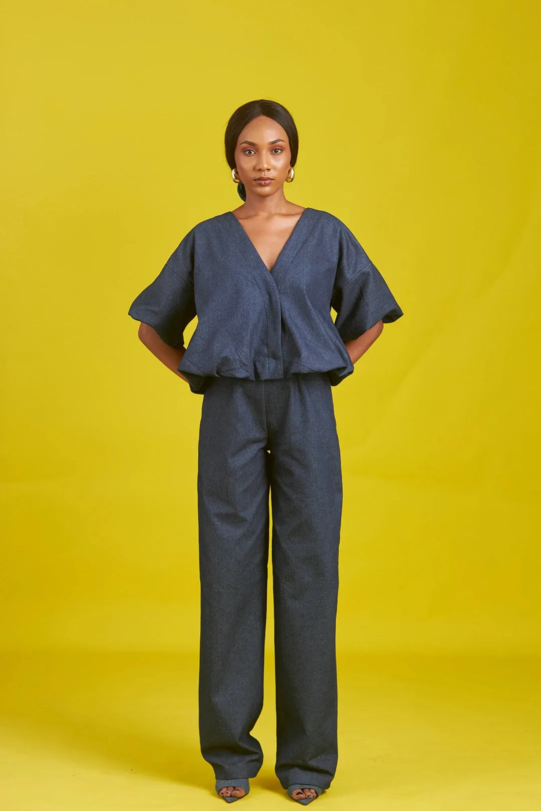 MOT Amaka Denim Set, Short Sleeve Jacket and Straight Leg Pants