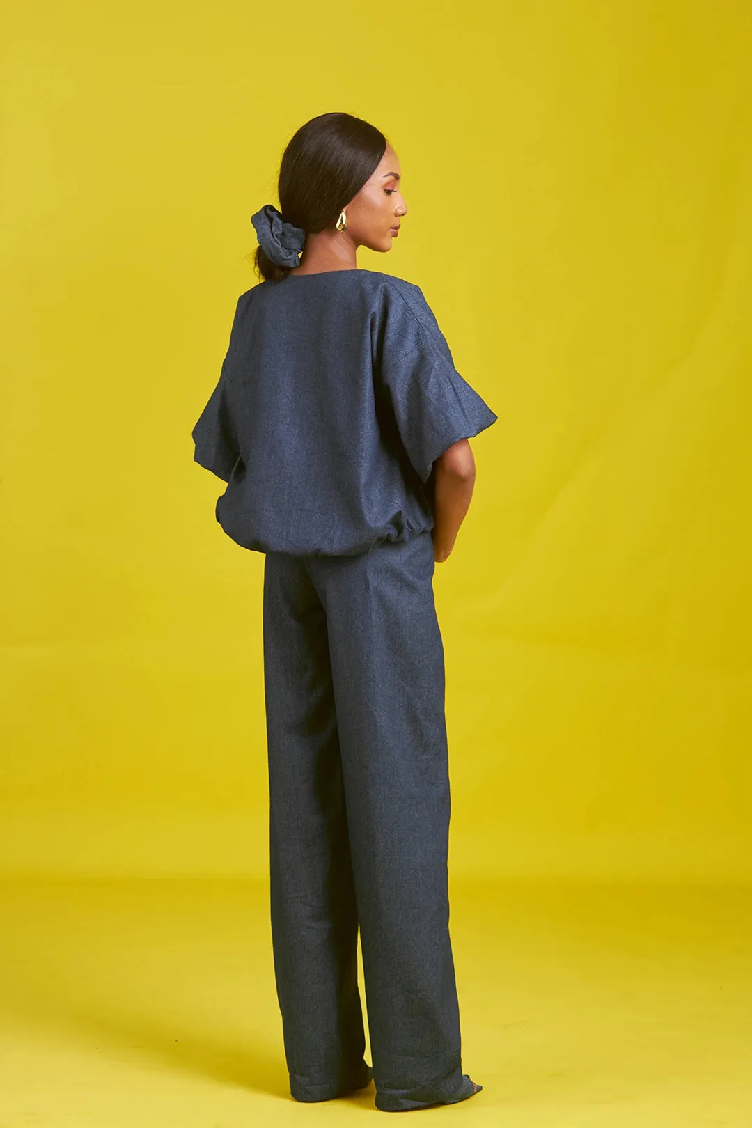 MOT Amaka Denim Set, Short Sleeve Jacket and Straight Leg Pants