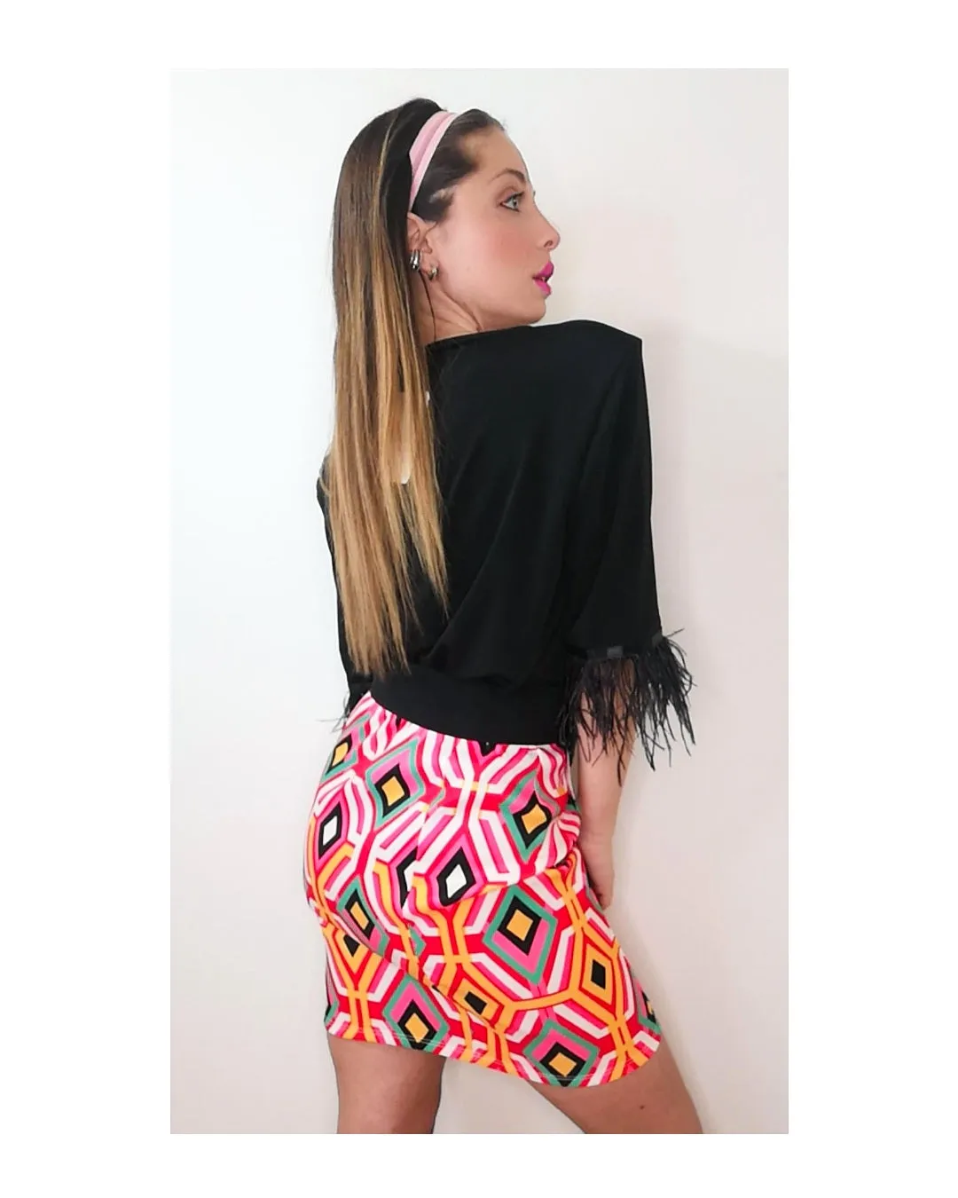 multi-colored diamond pattern pencil skirt