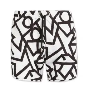 Neil Barrett swim shorts, white Bauhaus graphic lines