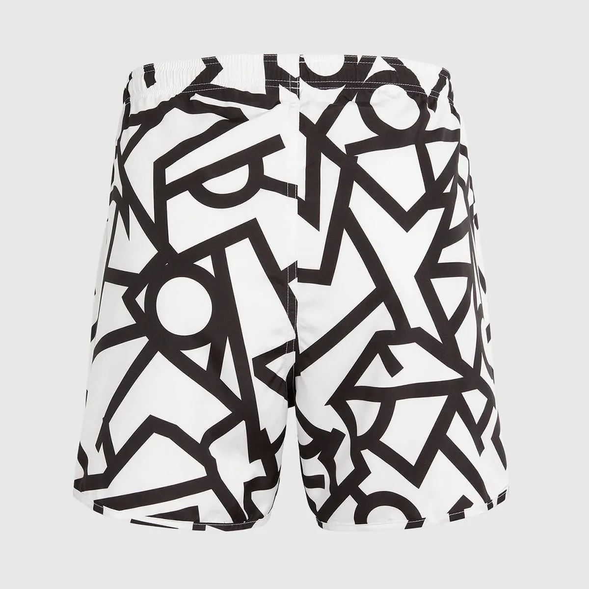 Neil Barrett swim shorts, white Bauhaus graphic lines