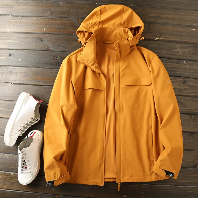 Plus-size outdoor functional windproof and waterproof hooded jacket for men's autumn casual wear.