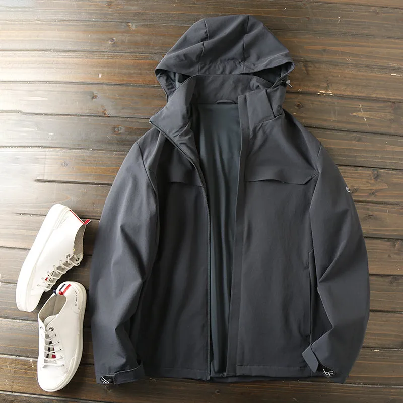 Plus-size outdoor functional windproof and waterproof hooded jacket for men's autumn casual wear.