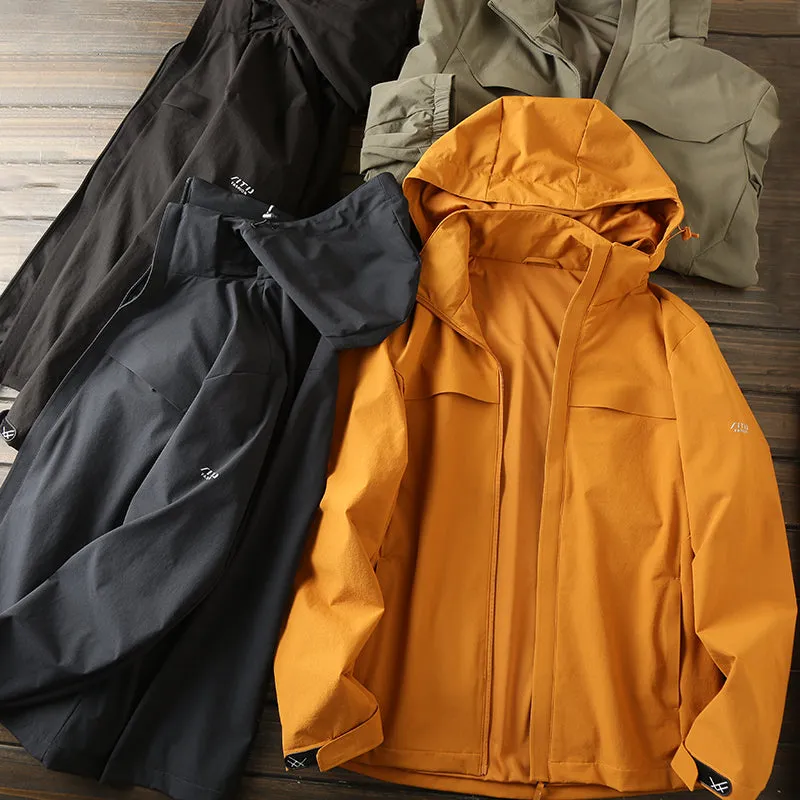 Plus-size outdoor functional windproof and waterproof hooded jacket for men's autumn casual wear.