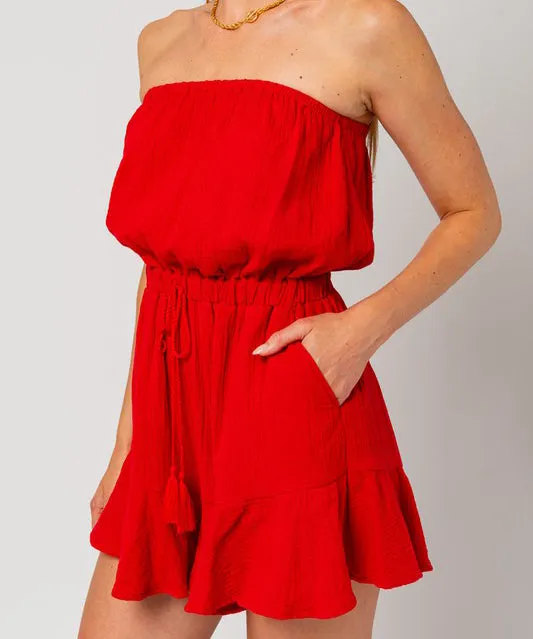 Red Ruffled Strapless Romper with Bottom Detail