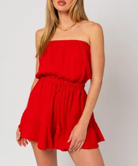 Red Ruffled Strapless Romper with Bottom Detail