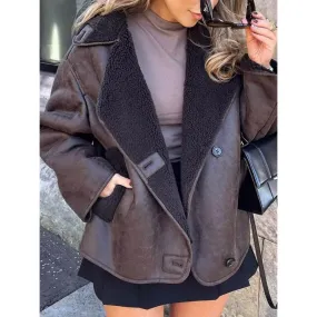 Retro Women's Thick Warm Jacket - Synthetic Lamb Leather, Single-Breasted