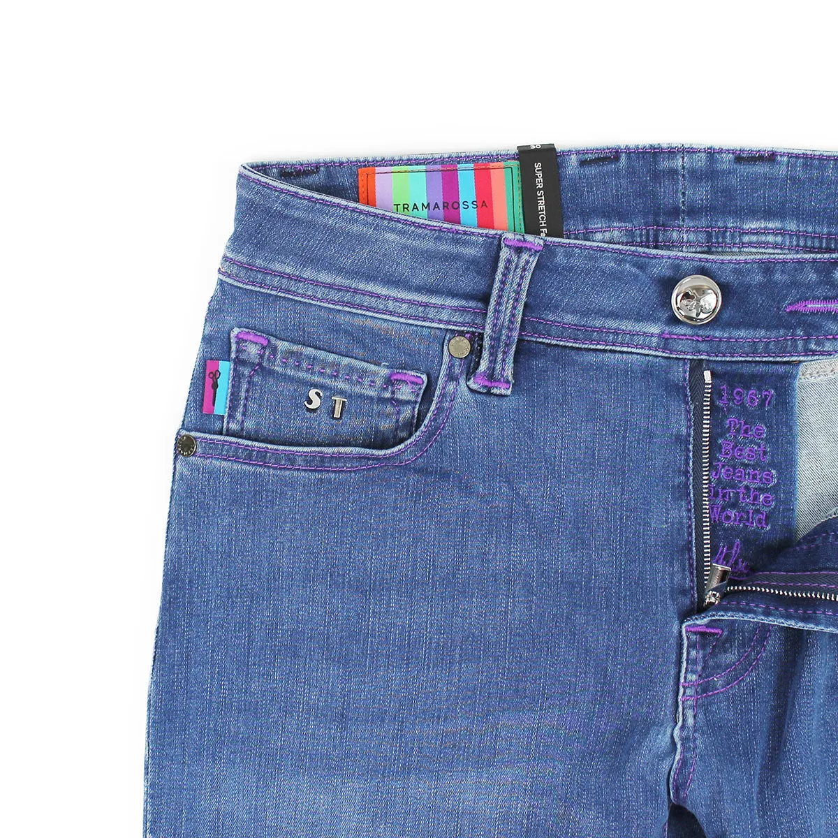 Tramarossa jeans - Leonardo Slim 21E29 Mid Blue with purple stitch details