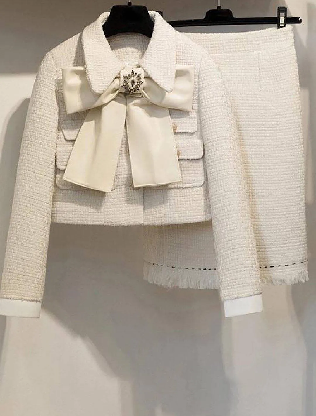 Tweed Jacket and Skirt Set with Bow - Shop Now