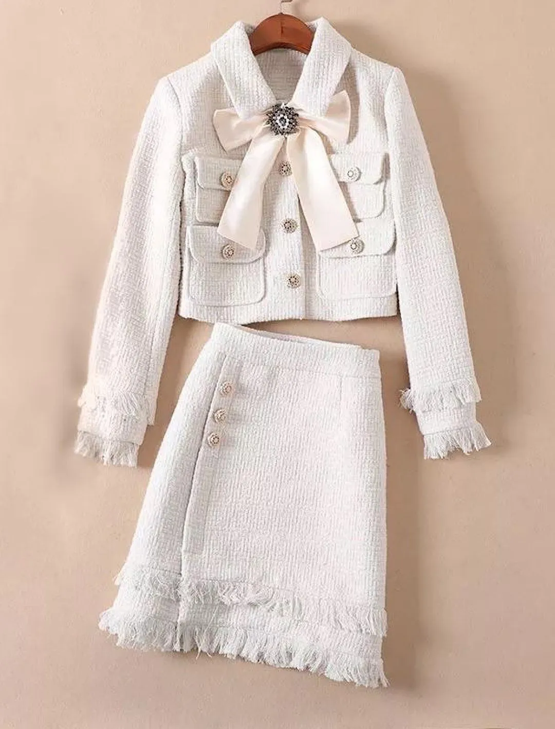 Tweed Jacket and Skirt Set with Bow - Shop Now