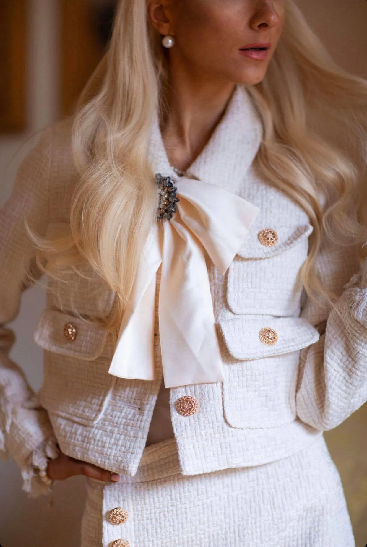 Tweed Jacket and Skirt Set with Bow - Shop Now