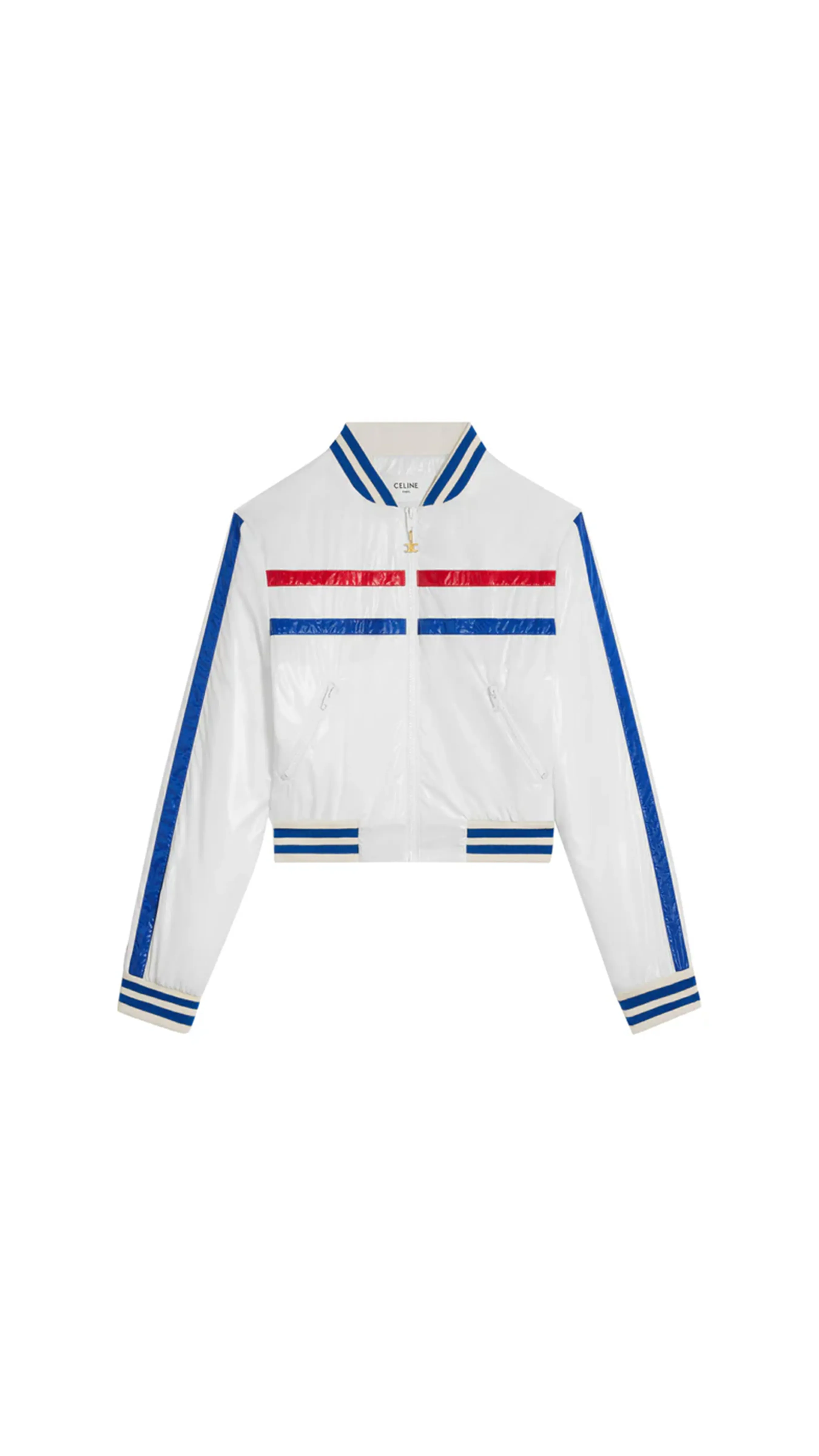 White blue red lightweight nylon jacket.