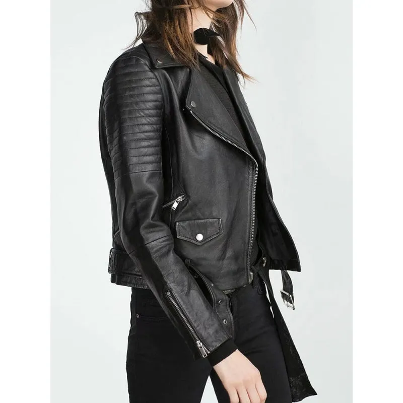 Women Black Leather Moto Biker Jacket Belt