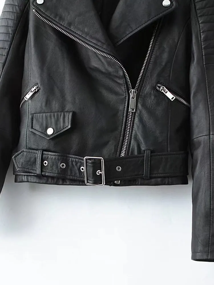 Women Black Leather Moto Biker Jacket Belt