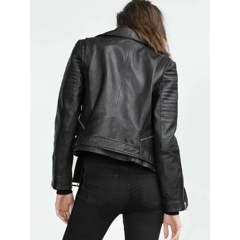 Women Black Leather Moto Biker Jacket Belt