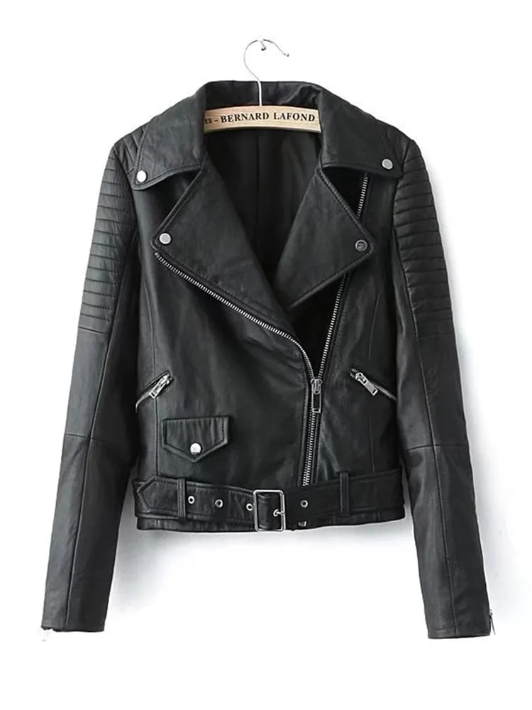 Women Black Leather Moto Biker Jacket Belt