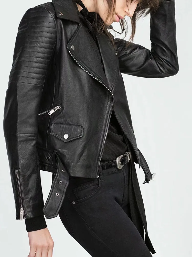 Women Black Leather Moto Biker Jacket Belt