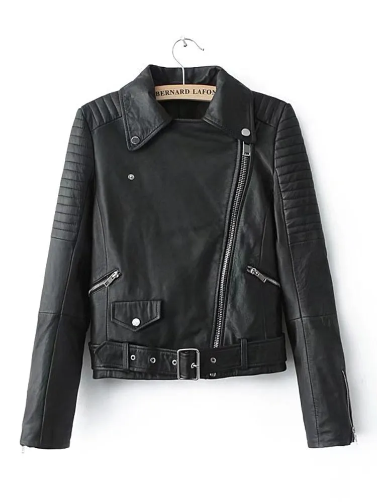 Women Black Leather Moto Biker Jacket Belt