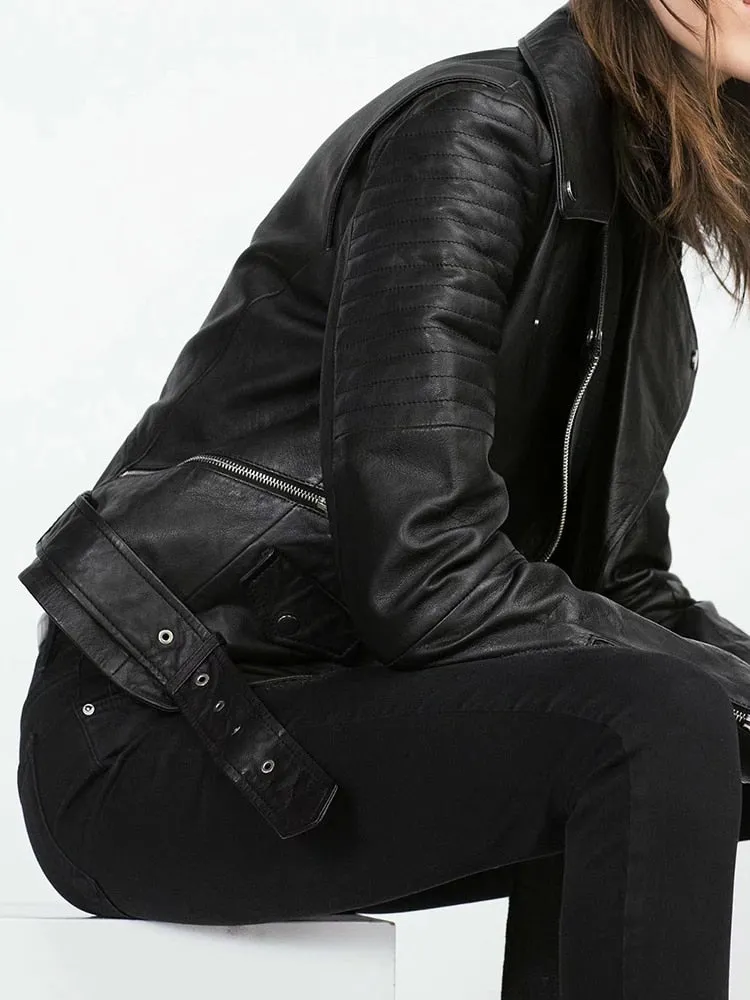 Women Black Leather Moto Biker Jacket Belt