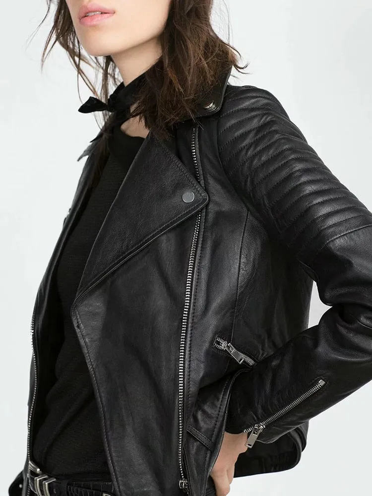 Women Black Leather Moto Biker Jacket Belt