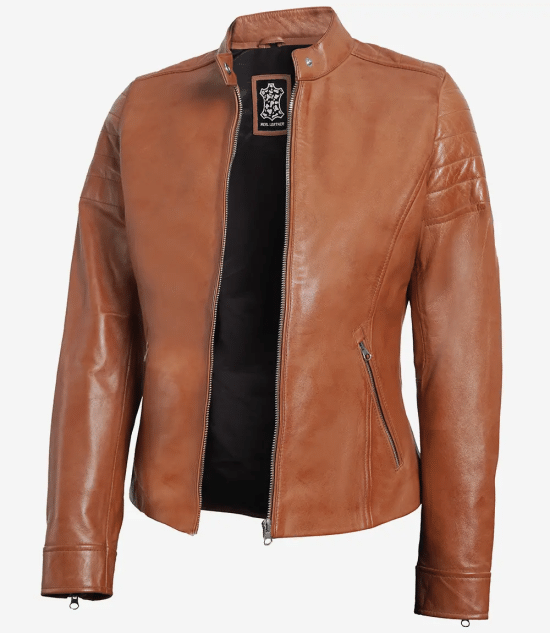 Women Tan Cafe Racer Leather Jacket